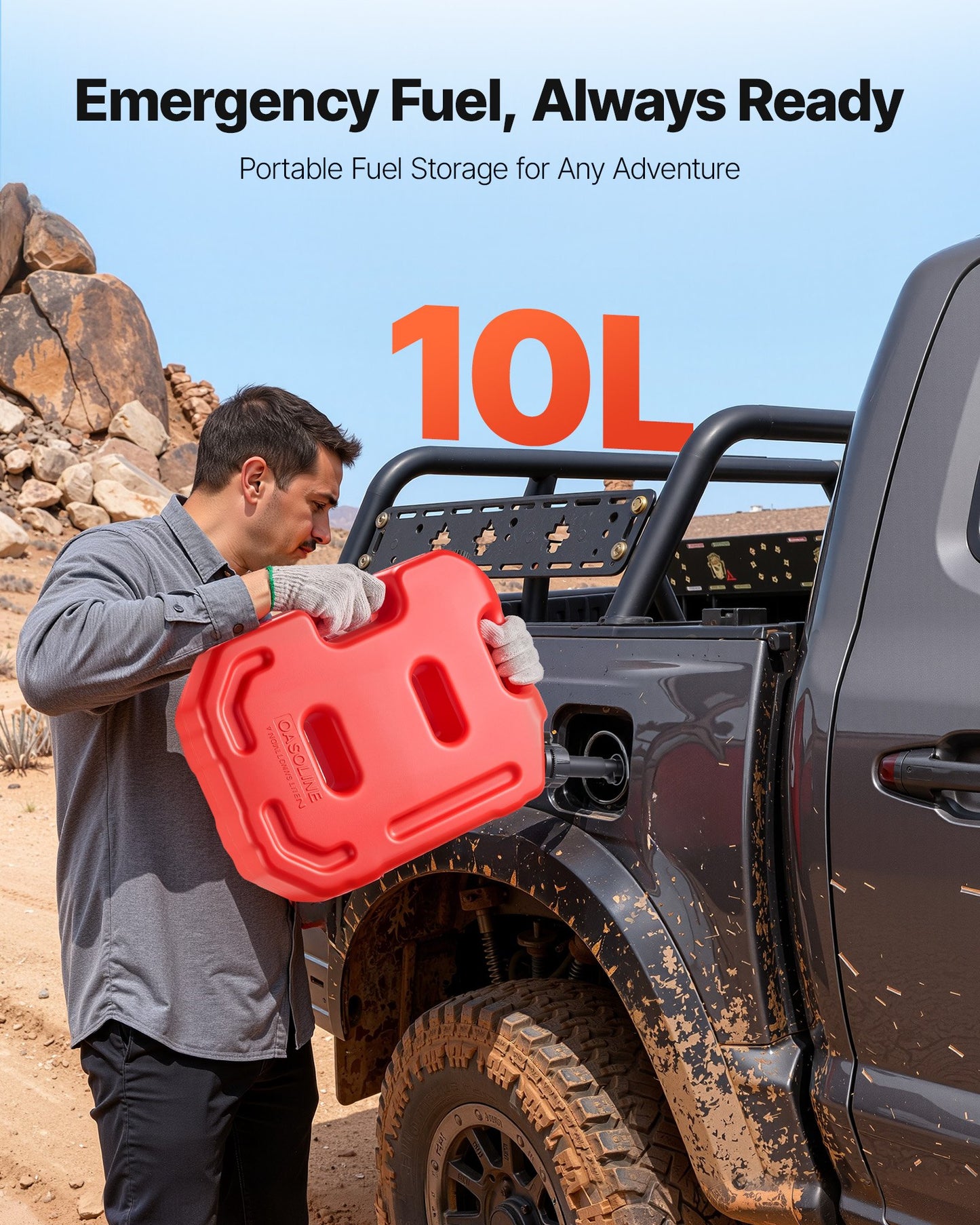 Fuel Container, 2.6 Gallon, Gas Can with Spout and Lockable Bracket, 15 L/min Max Flow Rate, Secure & Leak-proof, Portable Flat Fluid Container for Most Cars Motorcycle ATV UTV, Red