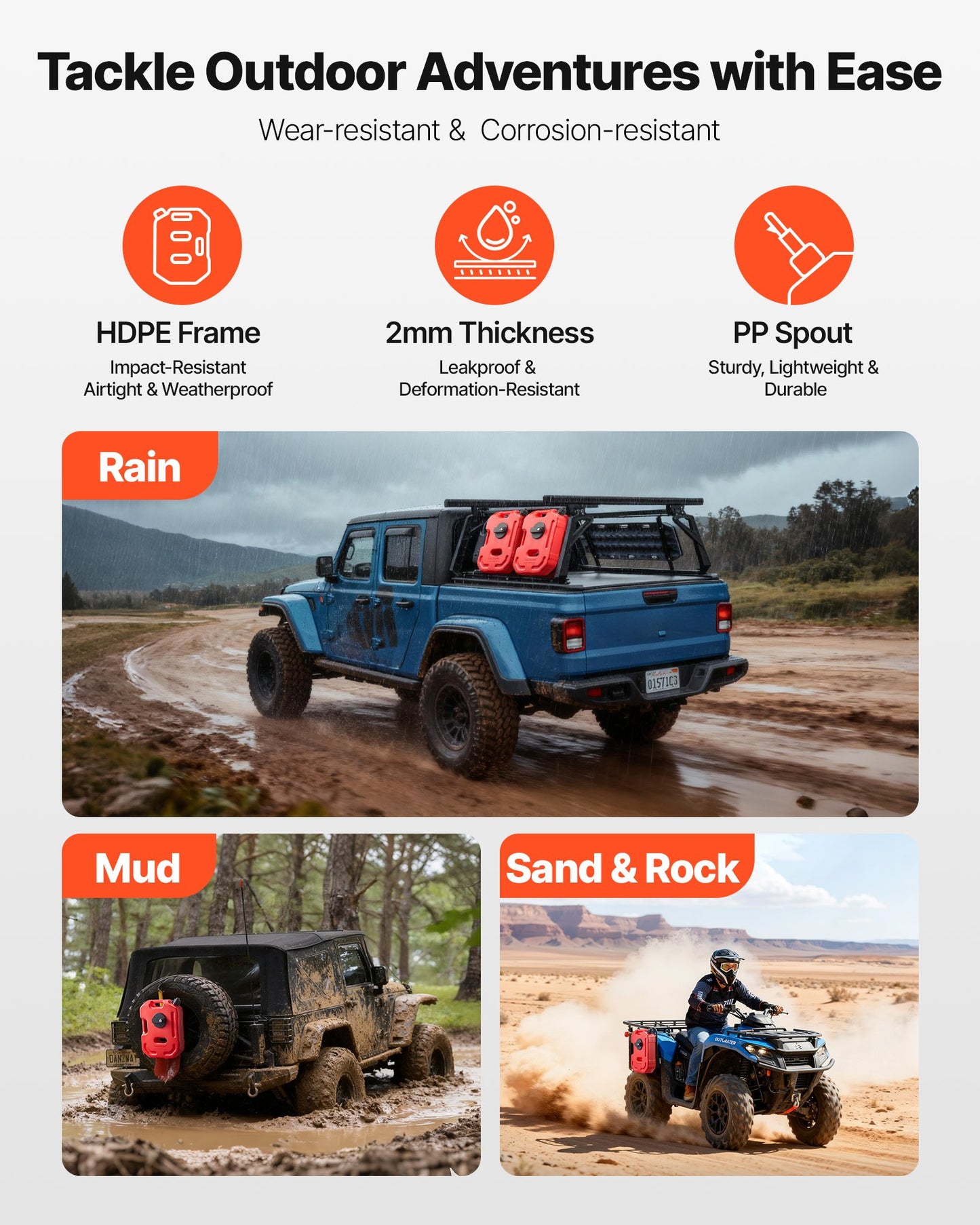 Fuel Container, 2.6 Gallon, Gas Can with Spout and Lockable Bracket, 15 L/min Max Flow Rate, Secure & Leak-proof, Portable Flat Fluid Container for Most Cars Motorcycle ATV UTV, Red