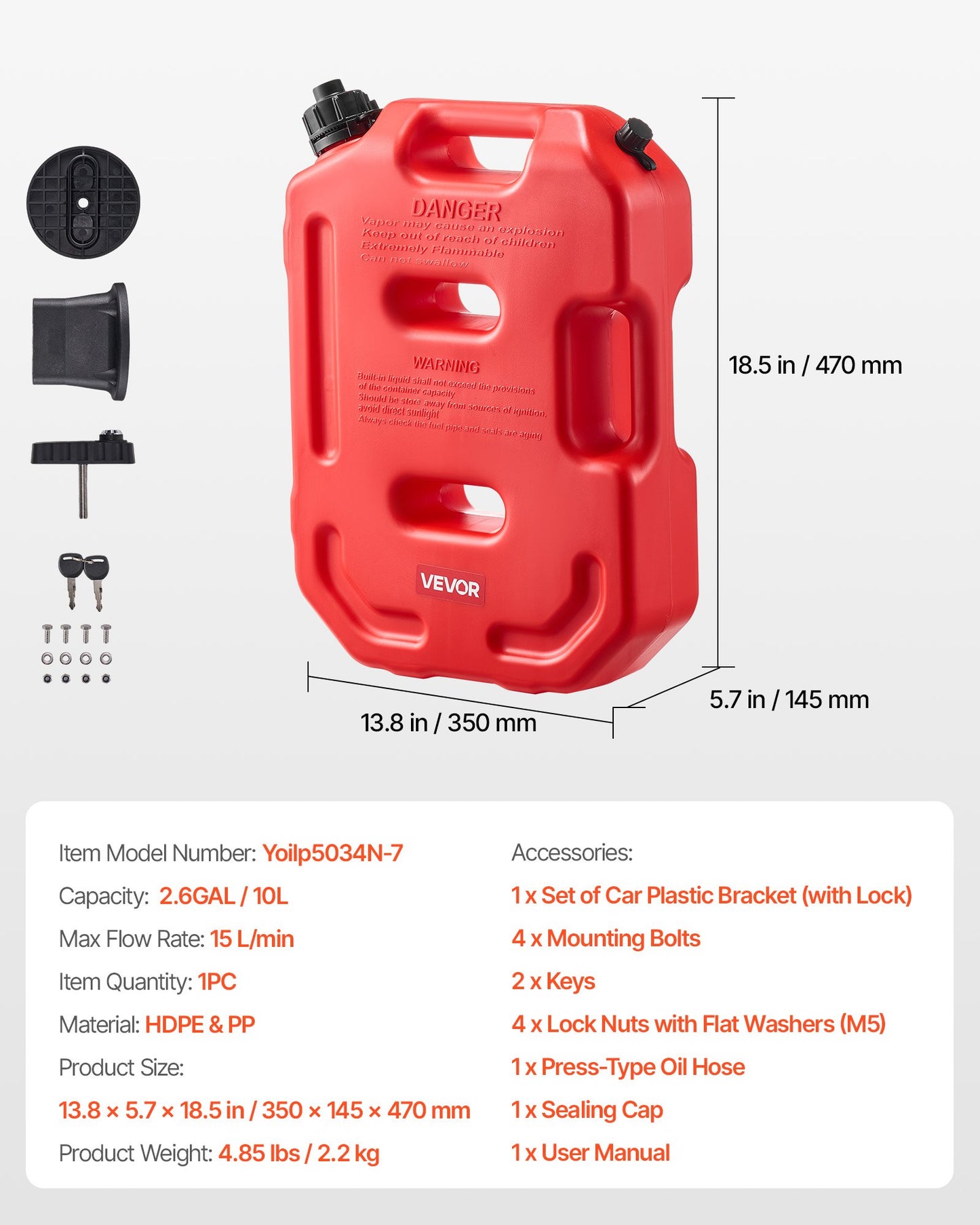Fuel Container, 2.6 Gallon, Gas Can with Spout and Lockable Bracket, 15 L/min Max Flow Rate, Secure & Leak-proof, Portable Flat Fluid Container for Most Cars Motorcycle ATV UTV, Red