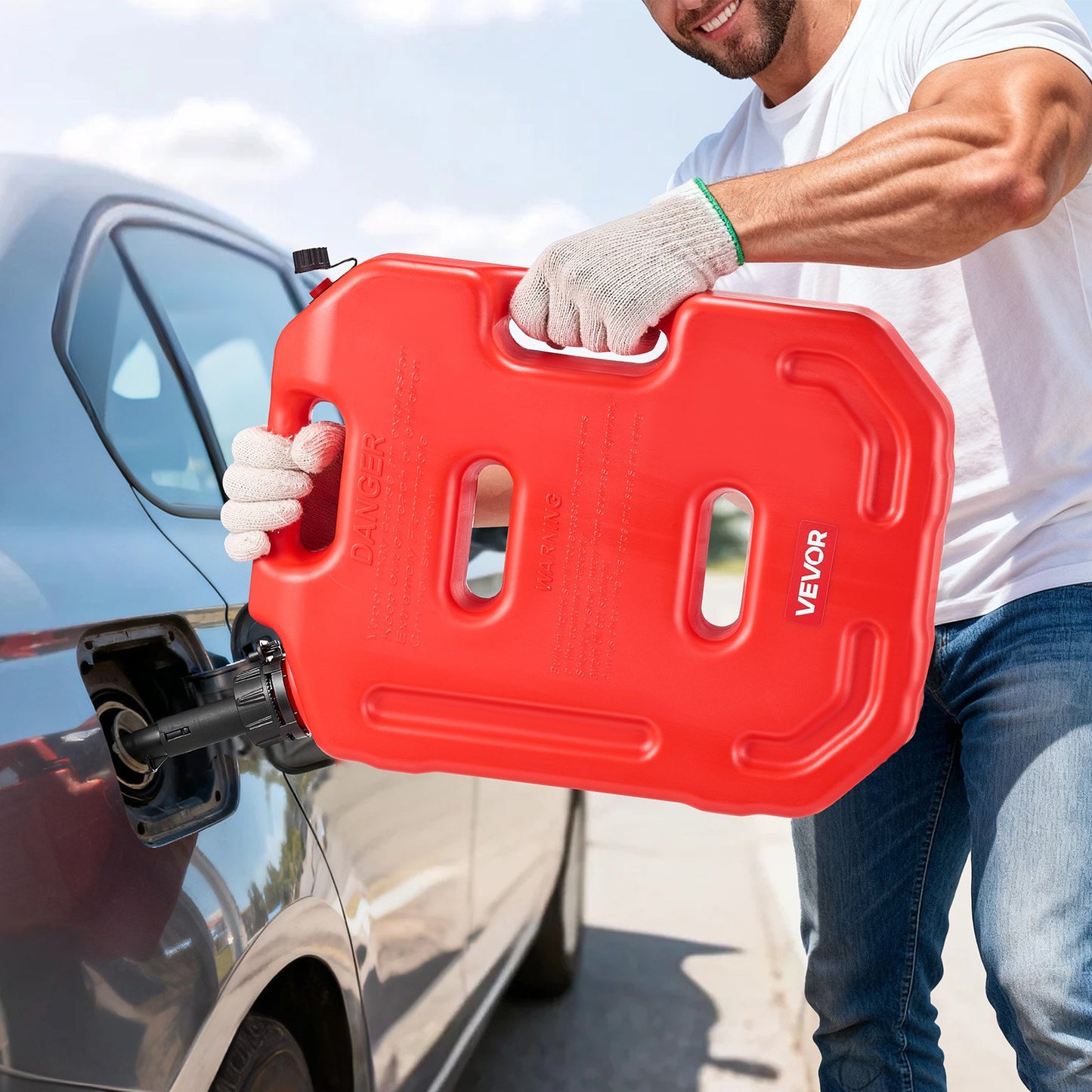 Fuel Container, 2.6 Gallon, Gas Can with Spout and Lockable Bracket, 15 L/min Max Flow Rate, Secure & Leak-proof, Portable Flat Fluid Container for Most Cars Motorcycle ATV UTV, Red