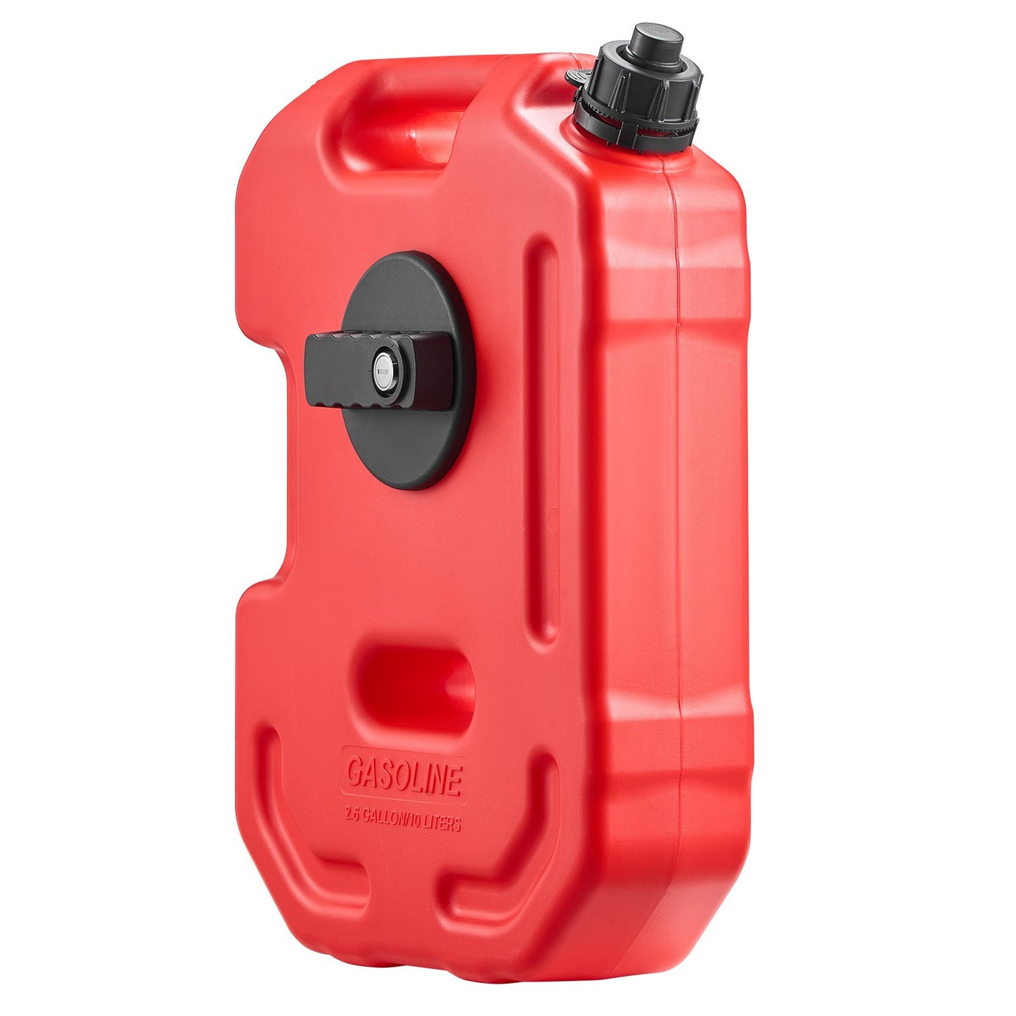 Fuel Container, 2.6 Gallon, Gas Can with Spout and Lockable Bracket, 15 L/min Max Flow Rate, Secure & Leak-proof, Portable Flat Fluid Container for Most Cars Motorcycle ATV UTV, Red