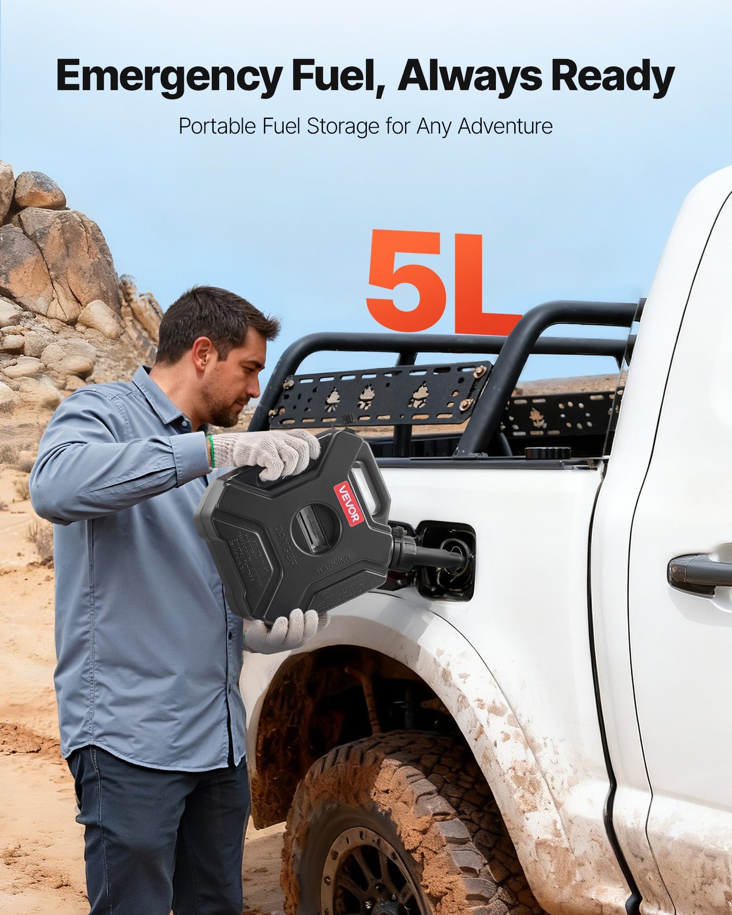 Fuel Container, 1.3 Gallon, Gas Can with Spout and Lockable Bracket, 15 L/min Max Flow Rate, Secure & Leak-proof, Portable Flat Fluid Container for Most Cars Motorcycle ATV UTV, Black