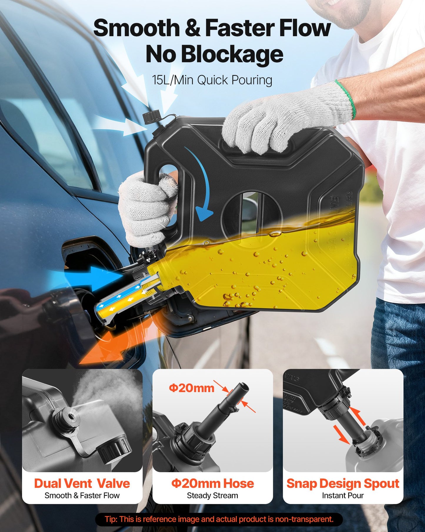 Fuel Container, 1.3 Gallon, Gas Can with Spout and Lockable Bracket, 15 L/min Max Flow Rate, Secure & Leak-proof, Portable Flat Fluid Container for Most Cars Motorcycle ATV UTV, Black