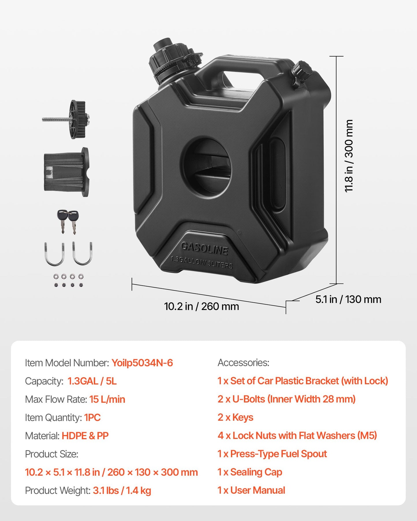 Fuel Container, 1.3 Gallon, Gas Can with Spout and Lockable Bracket, 15 L/min Max Flow Rate, Secure & Leak-proof, Portable Flat Fluid Container for Most Cars Motorcycle ATV UTV, Black