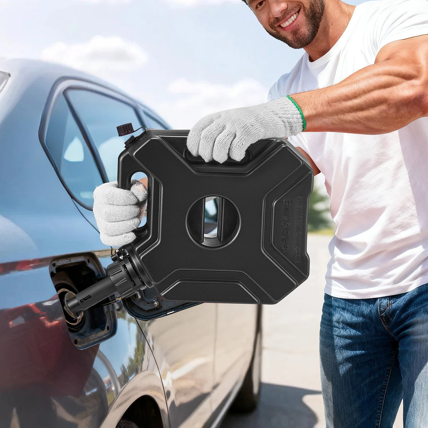 Fuel Container, 1.3 Gallon, Gas Can with Spout and Lockable Bracket, 15 L/min Max Flow Rate, Secure & Leak-proof, Portable Flat Fluid Container for Most Cars Motorcycle ATV UTV, Black