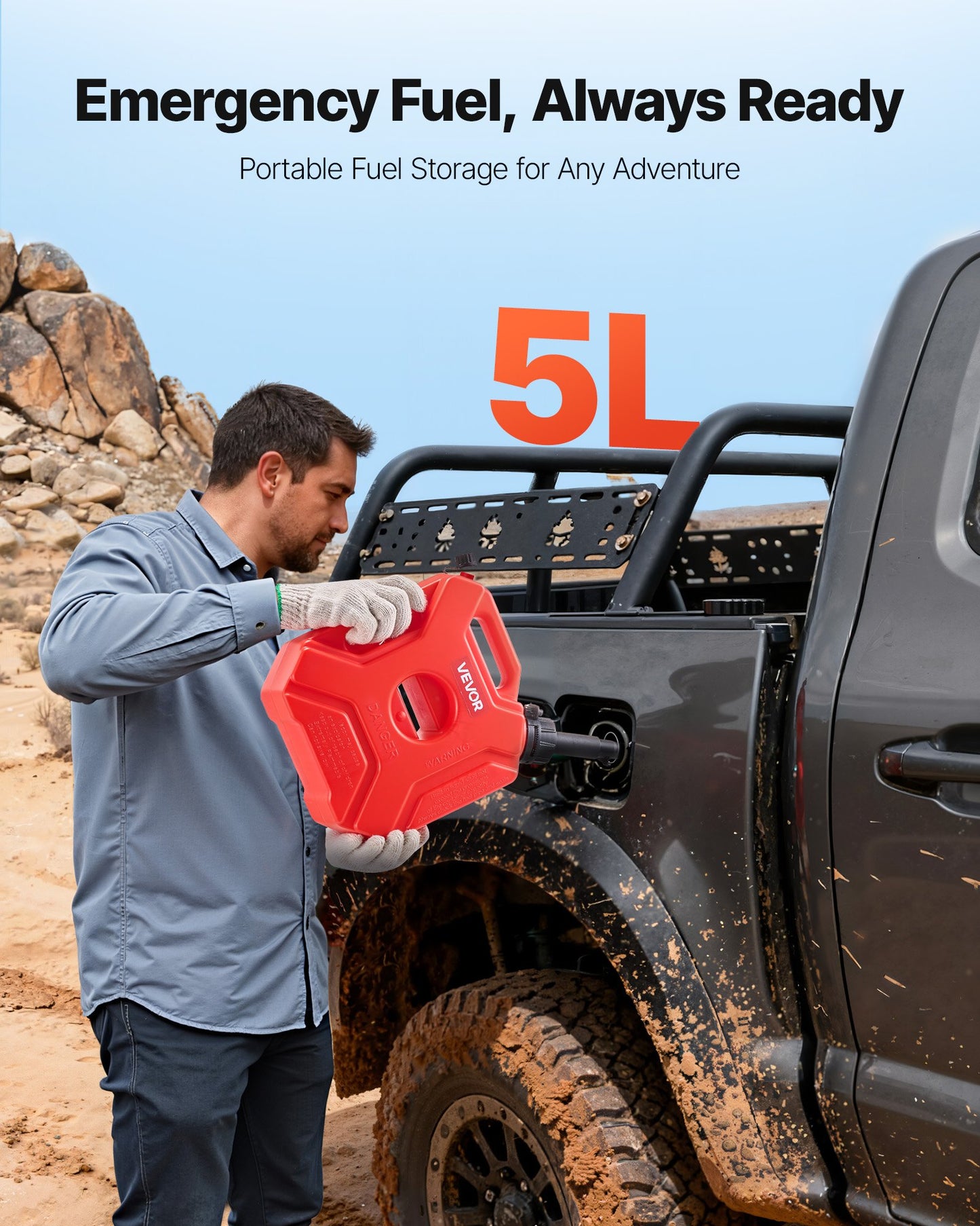 Fuel Container, 1.3 Gallon, Gas Can with Spout and Lockable Bracket, 15 L/min Max Flow Rate, Secure & Leak-proof, Portable Flat Fluid Container for Most Cars Motorcycle ATV UTV, Red