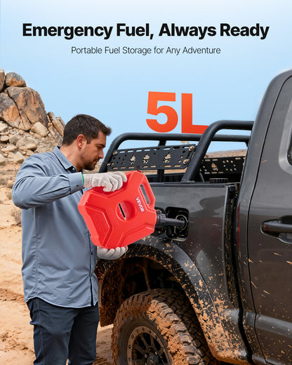 Fuel Container, 1.3 Gallon, Gas Can with Spout and Lockable Bracket, 15 L/min Max Flow Rate, Secure & Leak-proof, Portable Flat Fluid Container for Most Cars Motorcycle ATV UTV, Red