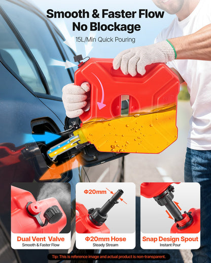 Fuel Container, 1.3 Gallon, Gas Can with Spout and Lockable Bracket, 15 L/min Max Flow Rate, Secure & Leak-proof, Portable Flat Fluid Container for Most Cars Motorcycle ATV UTV, Red