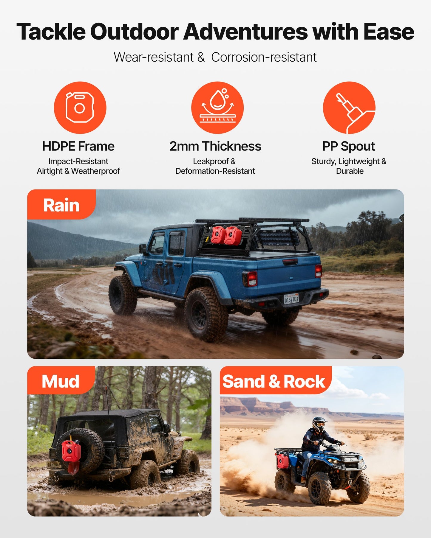 Fuel Container, 1.3 Gallon, Gas Can with Spout and Lockable Bracket, 15 L/min Max Flow Rate, Secure & Leak-proof, Portable Flat Fluid Container for Most Cars Motorcycle ATV UTV, Red