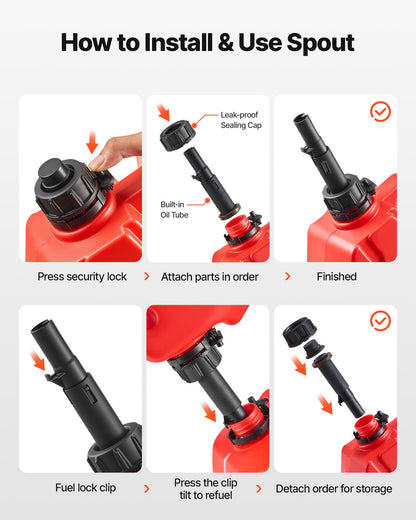 Fuel Container, 1.3 Gallon, Gas Can with Spout and Lockable Bracket, 15 L/min Max Flow Rate, Secure & Leak-proof, Portable Flat Fluid Container for Most Cars Motorcycle ATV UTV, Red