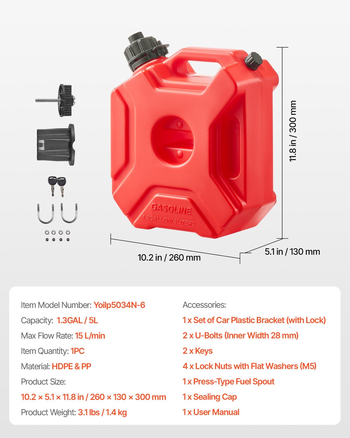 Fuel Container, 1.3 Gallon, Gas Can with Spout and Lockable Bracket, 15 L/min Max Flow Rate, Secure & Leak-proof, Portable Flat Fluid Container for Most Cars Motorcycle ATV UTV, Red