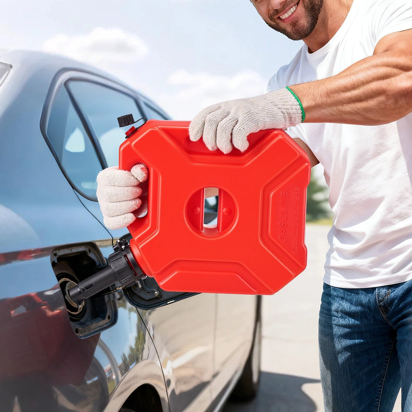 Fuel Container, 1.3 Gallon, Gas Can with Spout and Lockable Bracket, 15 L/min Max Flow Rate, Secure & Leak-proof, Portable Flat Fluid Container for Most Cars Motorcycle ATV UTV, Red