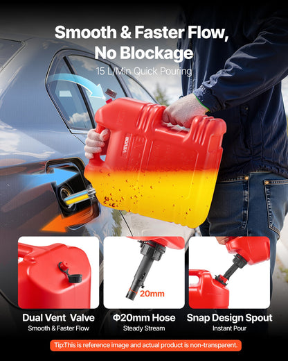 Fuel Container, 5 Gallon, Gas Tank with Spout & Clear Scale, 15 L/min Max Flow Rate, Secure & Leak-proof, Portable Flat Fluid Container for Most Cars Motorcycle ATV UTV, Red, 4 Packs