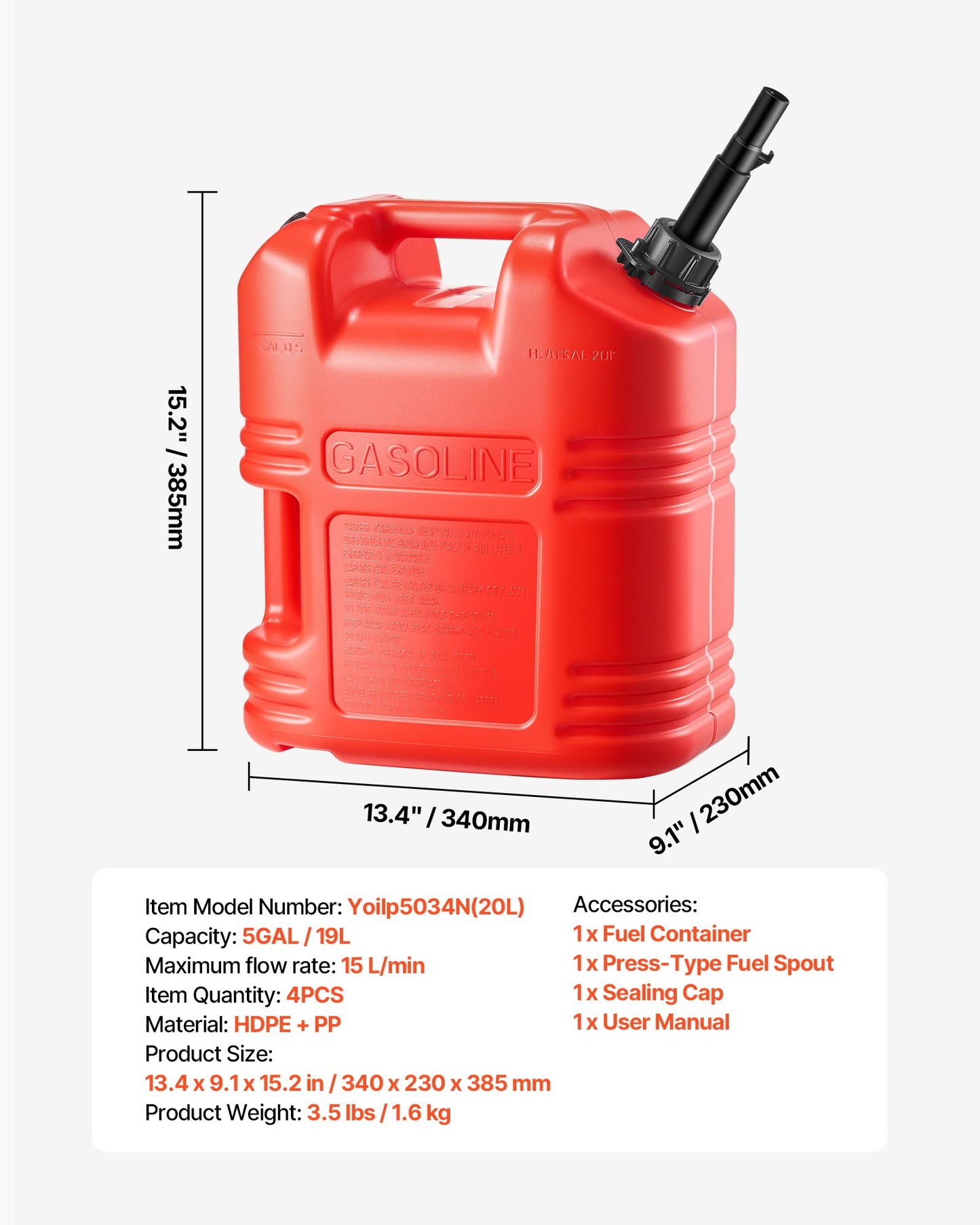 Fuel Container, 5 Gallon, Gas Tank with Spout & Clear Scale, 15 L/min Max Flow Rate, Secure & Leak-proof, Portable Flat Fluid Container for Most Cars Motorcycle ATV UTV, Red, 4 Packs