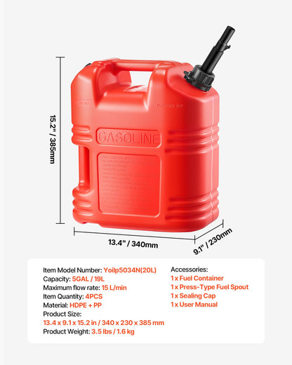 Fuel Container, 5 Gallon, Gas Tank with Spout & Clear Scale, 15 L/min Max Flow Rate, Secure & Leak-proof, Portable Flat Fluid Container for Most Cars Motorcycle ATV UTV, Red, 4 Packs