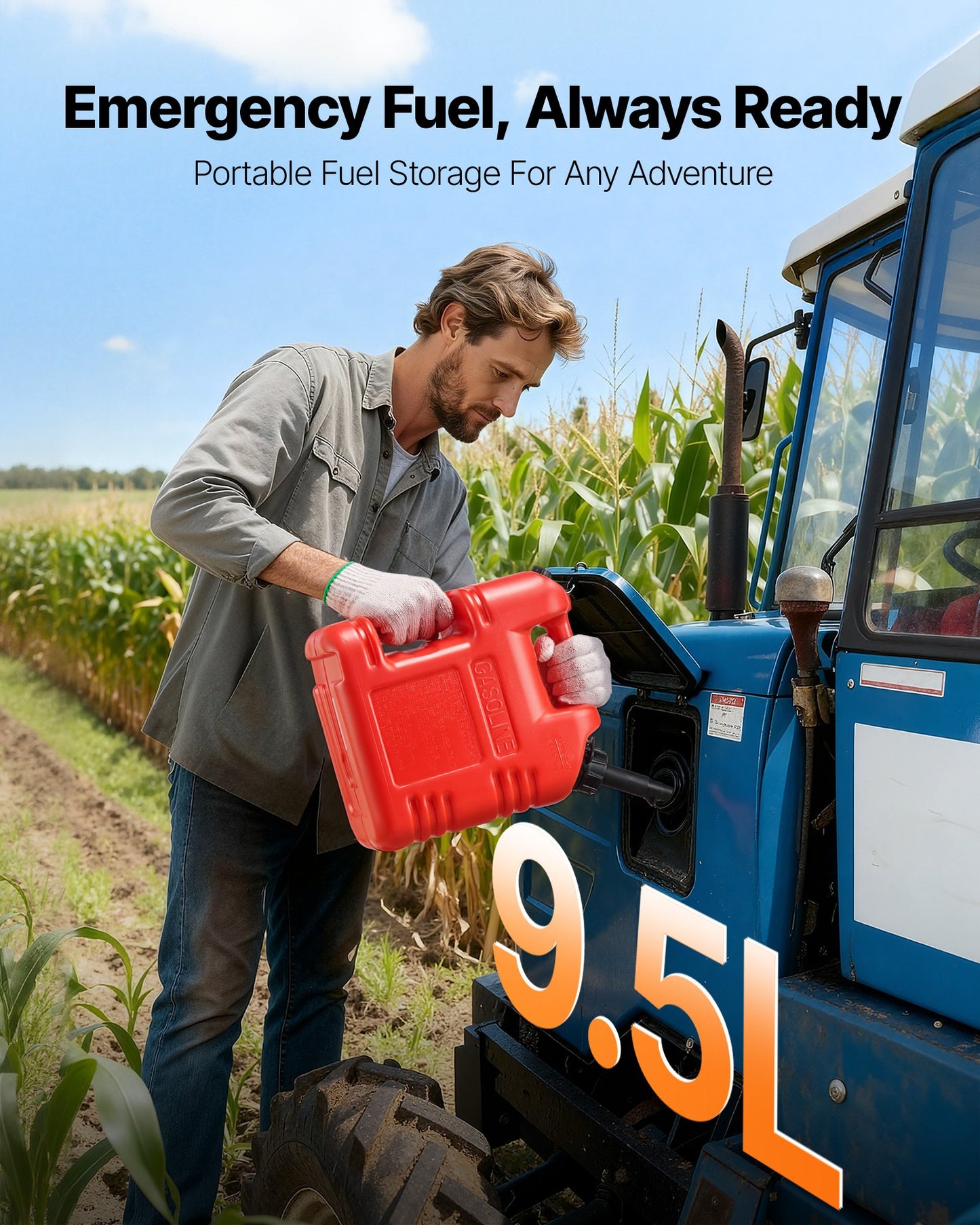 Fuel Container, 2.5 Gallon, Gas Tank with Spout & Clear Scale, 15 L/min Max Flow Rate, Secure & Leak-proof, Portable Flat Fluid Container for Most Cars Motorcycle ATV UTV, Red, 1 Pack