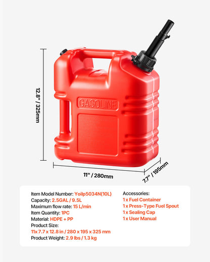 Fuel Container, 2.5 Gallon, Gas Tank with Spout & Clear Scale, 15 L/min Max Flow Rate, Secure & Leak-proof, Portable Flat Fluid Container for Most Cars Motorcycle ATV UTV, Red, 1 Pack