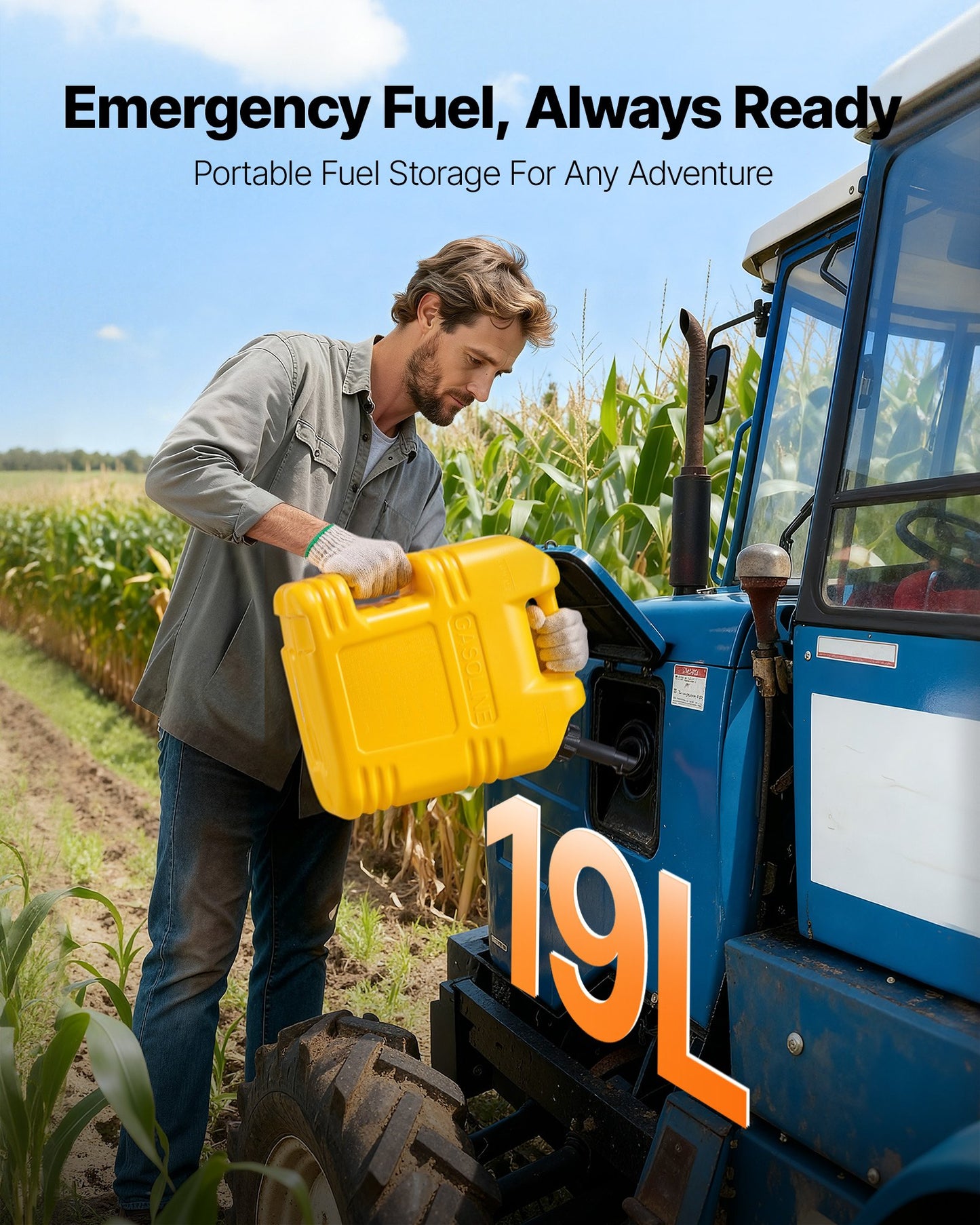 Fuel Container, 5 Gallon, Gas Tank with Spout & Clear Scale, 15 L/min Max Flow Rate, Secure & Leak-proof, Portable Flat Fluid Container for Most Cars Motorcycle SUV ATV UTV, Yellow, 1 Pack