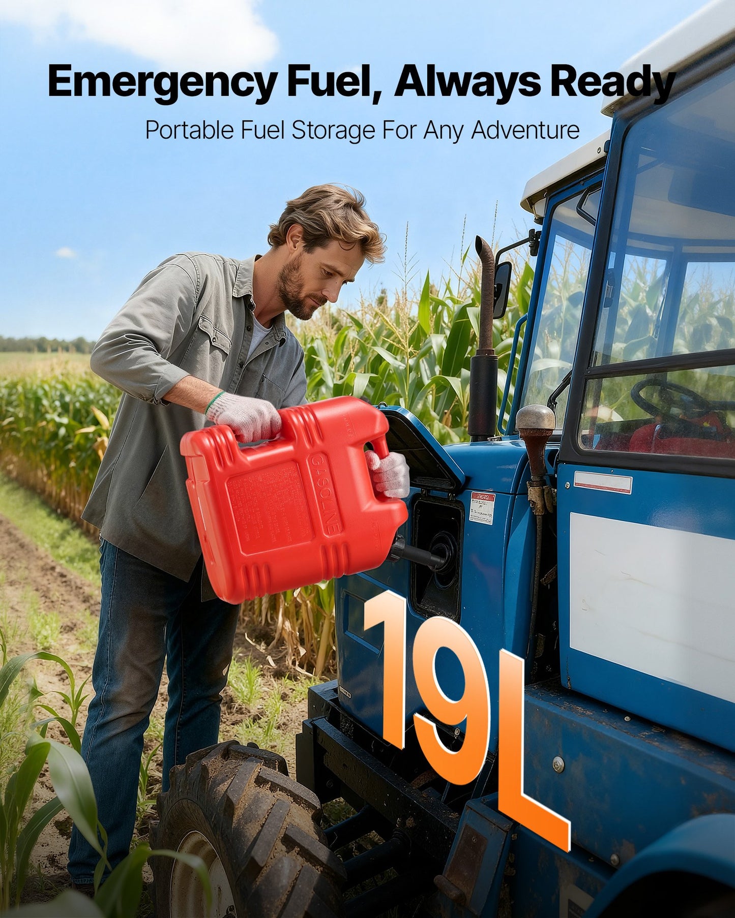 Fuel Container, 5 Gallon, Gas Tank with Spout & Clear Scale, 15 L/min Max Flow Rate, Secure & Leak-proof, Portable Flat Fluid Container for Most Cars Motorcycle ATV UTV, Red, 1 Pack