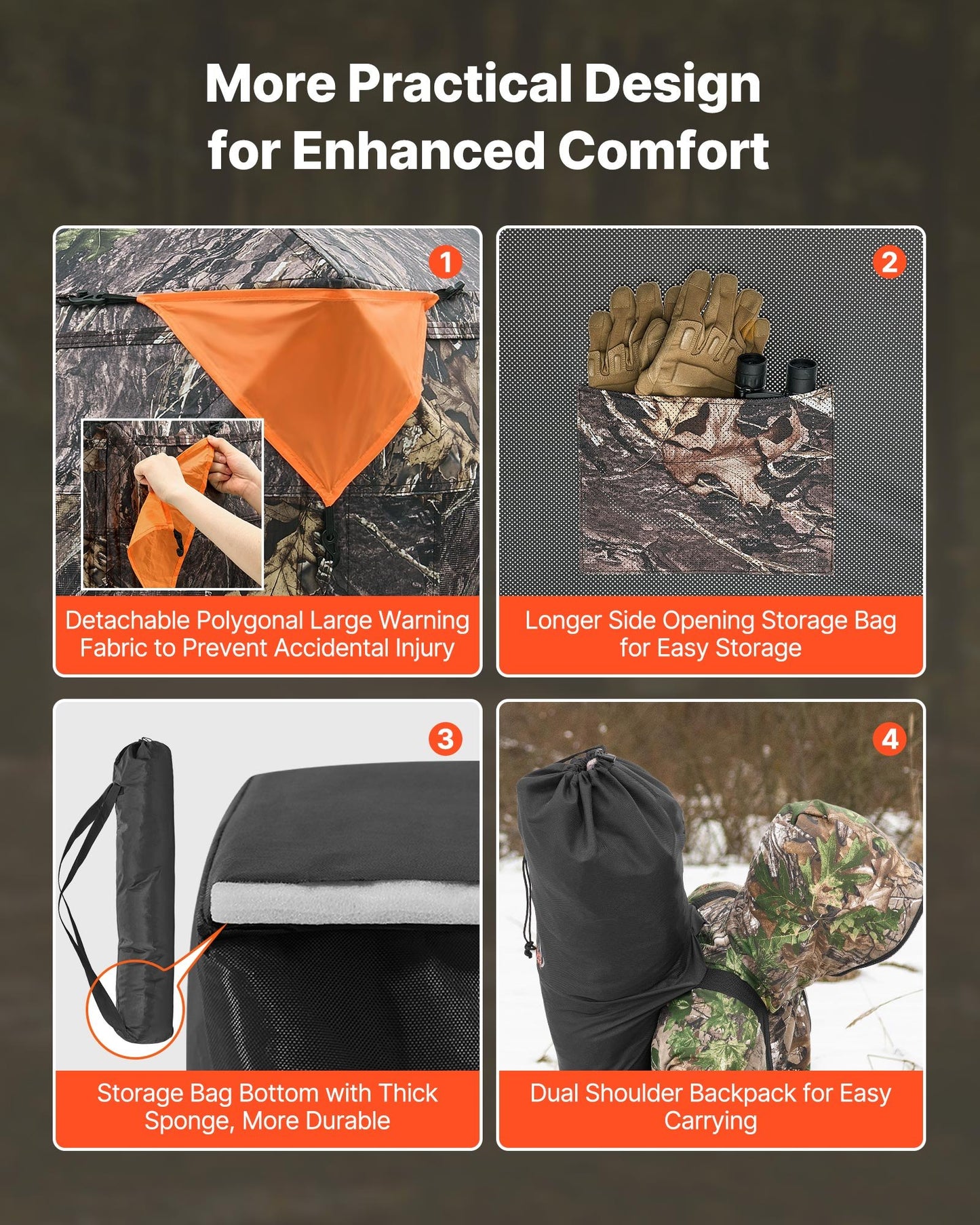 Hunting Blind, 2-3 Person See Through Ground Blinds with Carrying Bag, 360 Degree Portable Camouflage Tent, Durable Concealed Shelter with Silent Side Door and Window, for Turkey and Deer