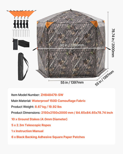 Hunting Blind, 6-7 Person Ground Blinds with Carrying Bag, Portable Camouflage Tent, Reinforced Durable Concealed Shelter with Silent Zipper Door and Window, for Turkey and Deer