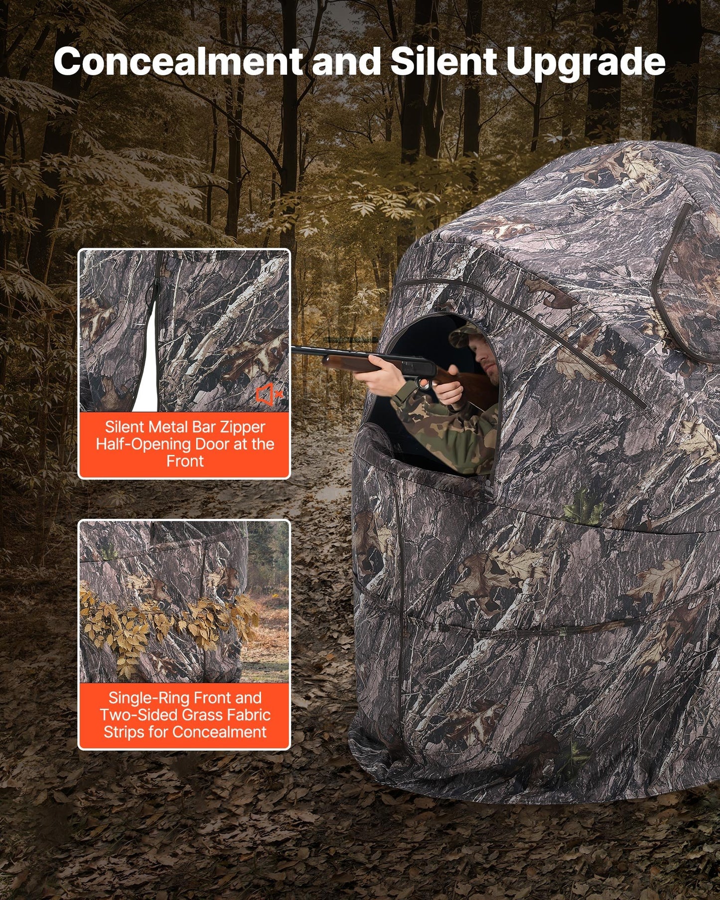 Hunting Blind, Single Person Ground Blinds with Carrying Bag, Portable Camouflage Tent, Reinforced Durable Concealed Shelter with Silent Zipper Door and Window, for Turkey and Deer