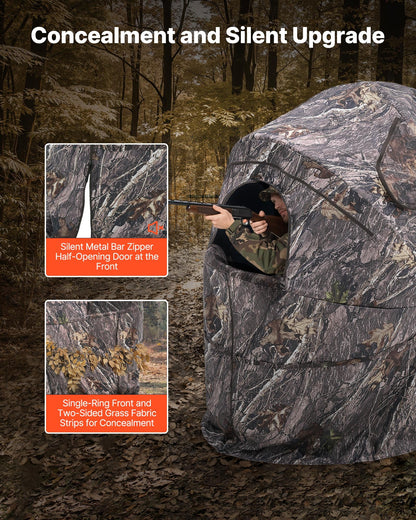 Hunting Blind, Single Person Ground Blinds with Carrying Bag, Portable Camouflage Tent, Reinforced Durable Concealed Shelter with Silent Zipper Door and Window, for Turkey and Deer