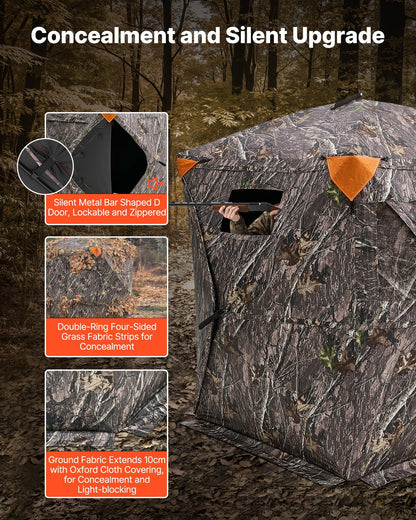 Hunting Blind, 270° Ground Blind, 1-2 Person Pop Up Deer Blind for Hunting with Carrying Bag, Portable Resilient Hunting Tent, 3 Horizontal Windows for Turkey and Deer Hunting