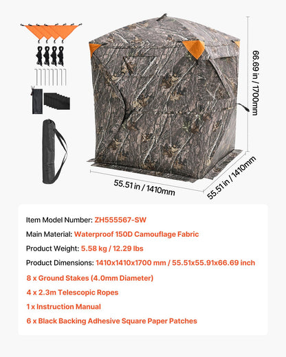 Hunting Blind, 270° Ground Blind, 1-2 Person Pop Up Deer Blind for Hunting with Carrying Bag, Portable Resilient Hunting Tent, 3 Horizontal Windows for Turkey and Deer Hunting