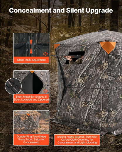 Hunting Blind, 270° See Through Ground Blind, 1-2 Person Pop Up Deer Blind for Hunting with Carrying Bag, Portable Resilient Hunting Tent, One-Way See-Through Mesh for Turkey and Deer Hunting