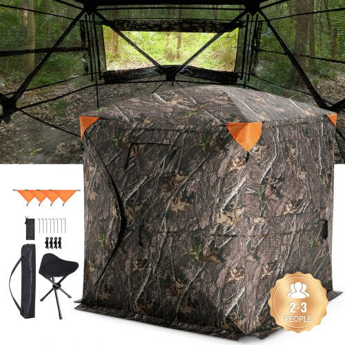 Hunting Blind, 270° See Through Ground Blind, 2-3 Person Pop Up Deer Blind for Hunting with Carrying Bag, Portable Resilient Hunting Tent, One-Way See-Through Mesh for Turkey and Deer Hunting