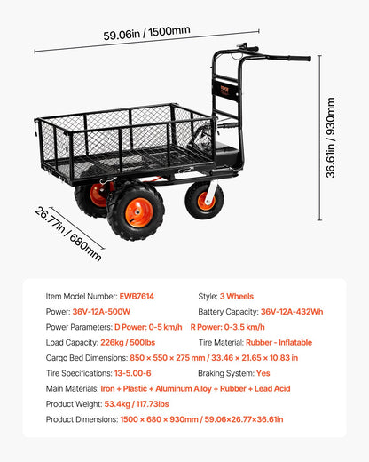 Electric Utility Cart 500lbs Capacity Power Wagon 36V 432W Wheelbarrow