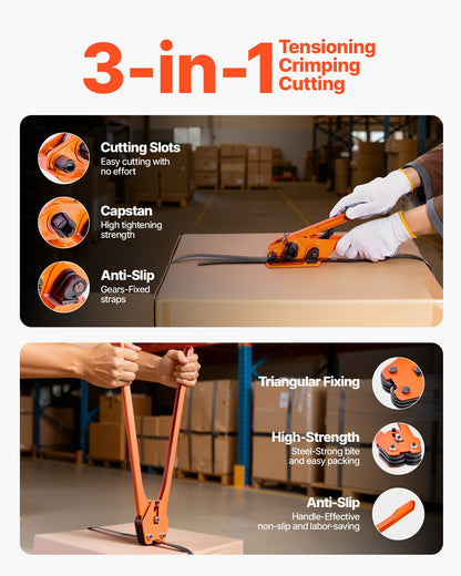Banding Strapping Kit, Heavy Duty Banding Sealer Tool with 2000 ft PET Band, 600 Metal Seals, 200 Corner Protectors, Plastic Pallet Packaging Strapping Kit for Warehouse, Transportation, Home