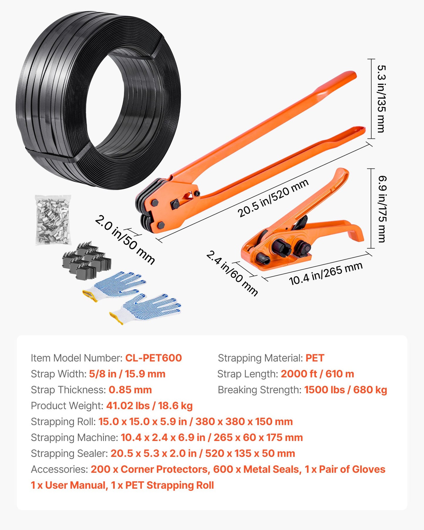 Banding Strapping Kit, Heavy Duty Banding Sealer Tool with 2000 ft PET Band, 600 Metal Seals, 200 Corner Protectors, Plastic Pallet Packaging Strapping Kit for Warehouse, Transportation, Home