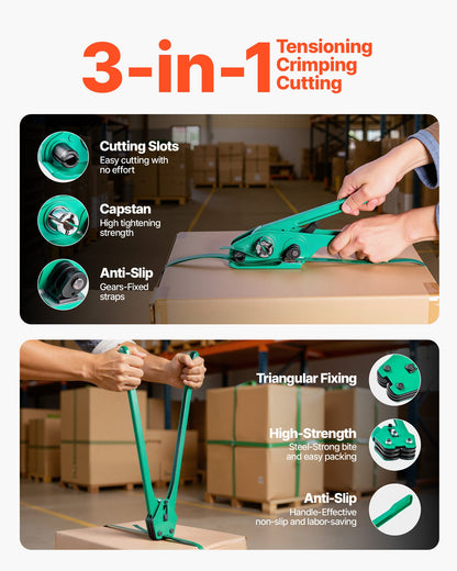Banding Strapping Kit, Heavy Duty Banding Sealer Tool with 1500 ft PET Band, 450 Metal Seals, 150 Corner Protectors & Gloves, Plastic Pallet Packaging Strapping Kit for Warehouse/Shipping/Moving