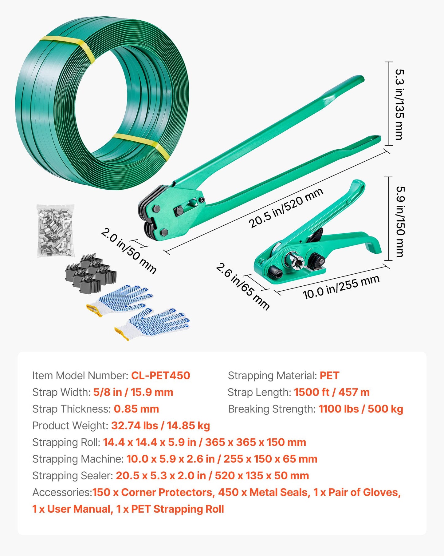 Banding Strapping Kit, Heavy Duty Banding Sealer Tool with 1500 ft PET Band, 450 Metal Seals, 150 Corner Protectors & Gloves, Plastic Pallet Packaging Strapping Kit for Warehouse/Shipping/Moving