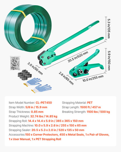 Banding Strapping Kit, Heavy Duty Banding Sealer Tool with 1500 ft PET Band, 450 Metal Seals, 150 Corner Protectors & Gloves, Plastic Pallet Packaging Strapping Kit for Warehouse/Shipping/Moving