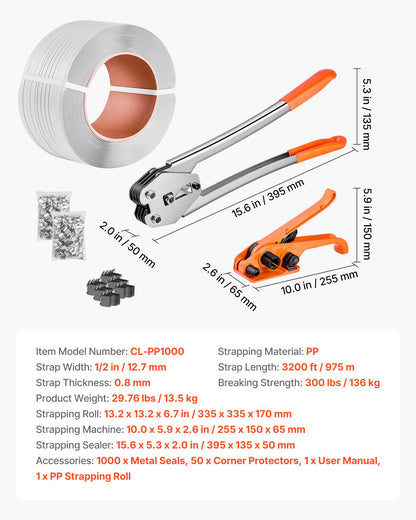 Banding Strapping Kit, Heavy Duty Banding Sealer Tool with 3200 ft Length PP Band, 1000 Metal Seals, 50 Corner Protectors, Plastic Pallet Packaging Strapping Kit for Warehouse/Shipping/Moving