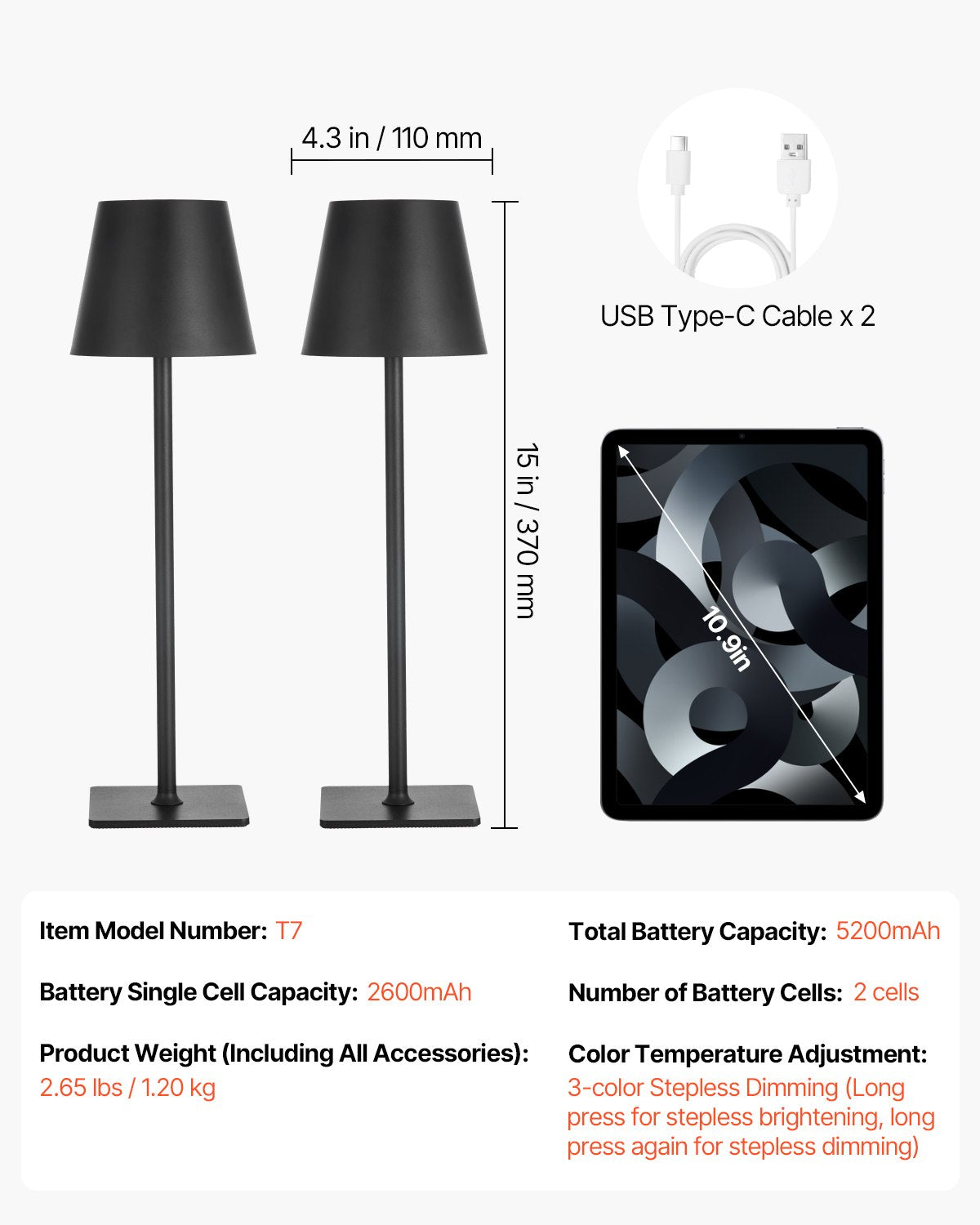 Cordless Table Lamp, 2-Pack, 5200mAh Built-in Rechargeable Battery Desk Lamp, 3 Color Stepless Dimming Up, 3000-6500K Color Temperature, Table Light for Restaurant, Bedroom, Outdoor, Black