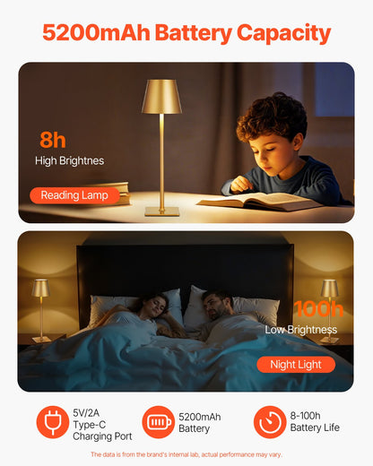 Cordless Table Lamp, 2-Pack, 5200mAh Built-in Rechargeable Battery Desk Lamp, 3 Color Stepless Dimming Up, 3000-6500K Color Temperature, Table Light for Restaurant, Bedroom, Outdoor, Gold