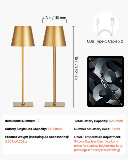 Cordless Table Lamp, 2-Pack, 5200mAh Built-in Rechargeable Battery Desk Lamp, 3 Color Stepless Dimming Up, 3000-6500K Color Temperature, Table Light for Restaurant, Bedroom, Outdoor, Gold