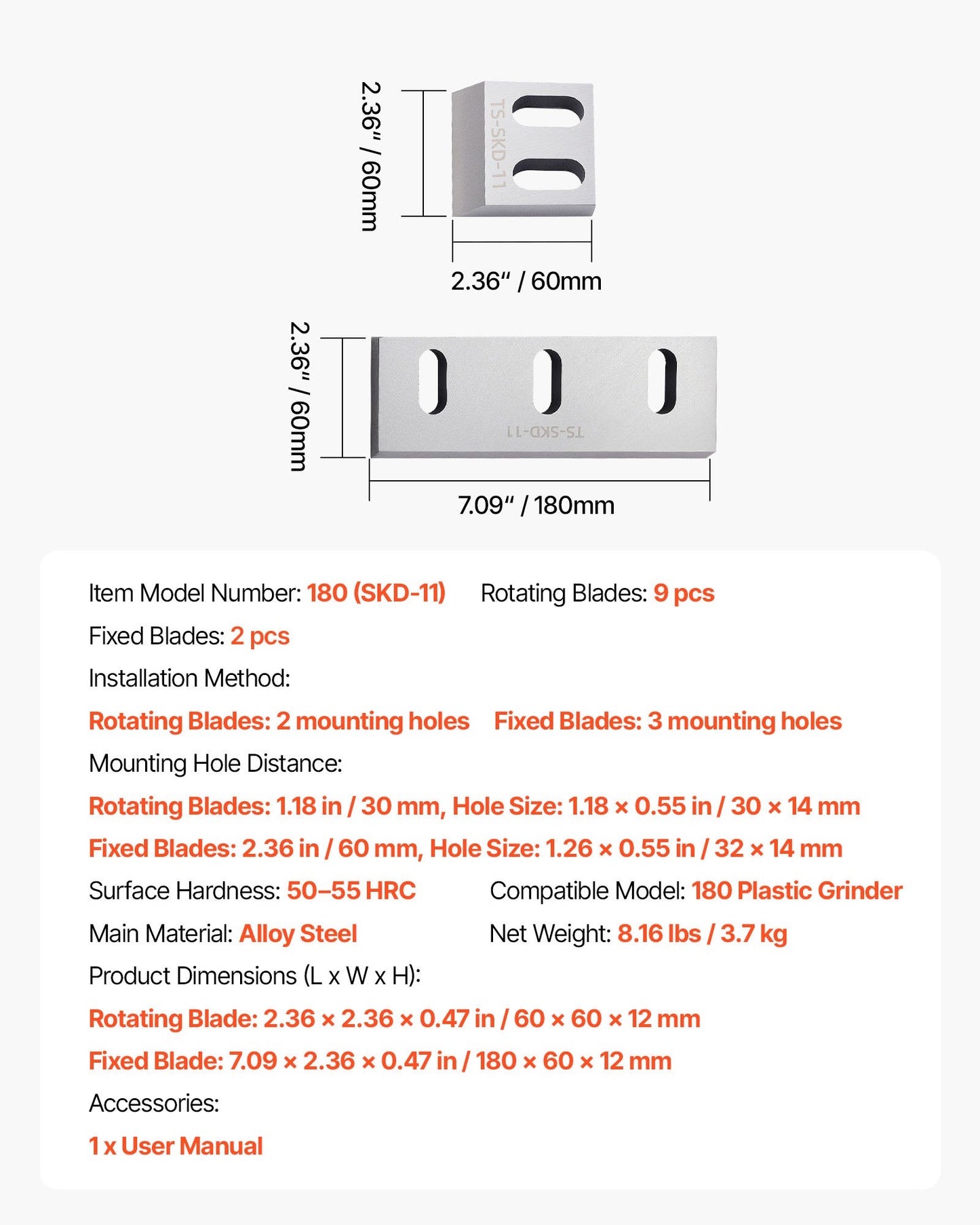 Shredder Blades, Alloy Steel Shredder Machine Blade Kit with 9 Rotating and 2 Fixed Blades, High-Hardness SKD-11 Blade, Compatible with Model 180 Plastic Grinder, for ABS, PP, PVC & Nylon