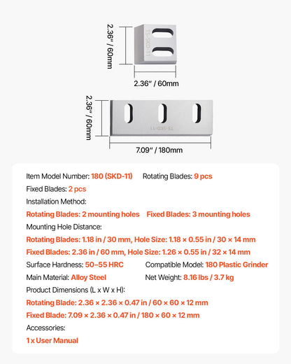 Shredder Blades, Alloy Steel Shredder Machine Blade Kit with 9 Rotating and 2 Fixed Blades, High-Hardness SKD-11 Blade, Compatible with Model 180 Plastic Grinder, for ABS, PP, PVC & Nylon