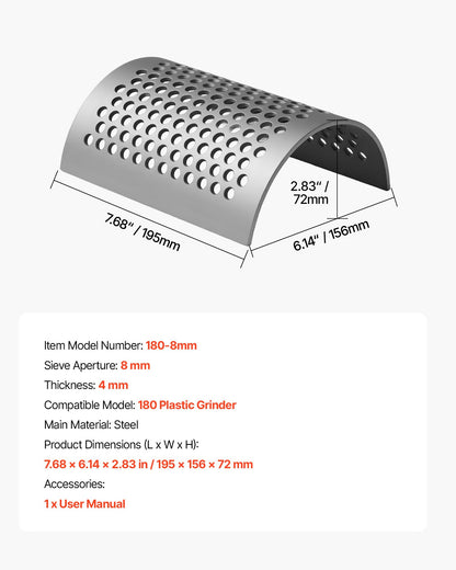 Screen Mesh for Plastic Shredder, High-Quality Steel Durable Mesh, 0.315 in/8 mm High-Precision Aperture Screen, Compatible with Model 180 Plastic Grinder, Suitable for Small Particle Recycling