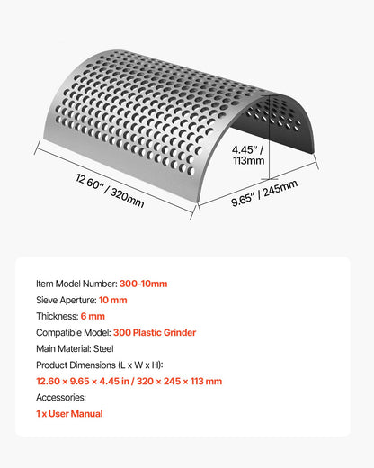 Screen Mesh for Plastic Shredder, High-Quality Steel Durable Mesh, 0.39 in/10 mm High-Precision Aperture Screen, Compatible with Model 300 Plastic Grinder, Suitable for Medium Particle Recycling