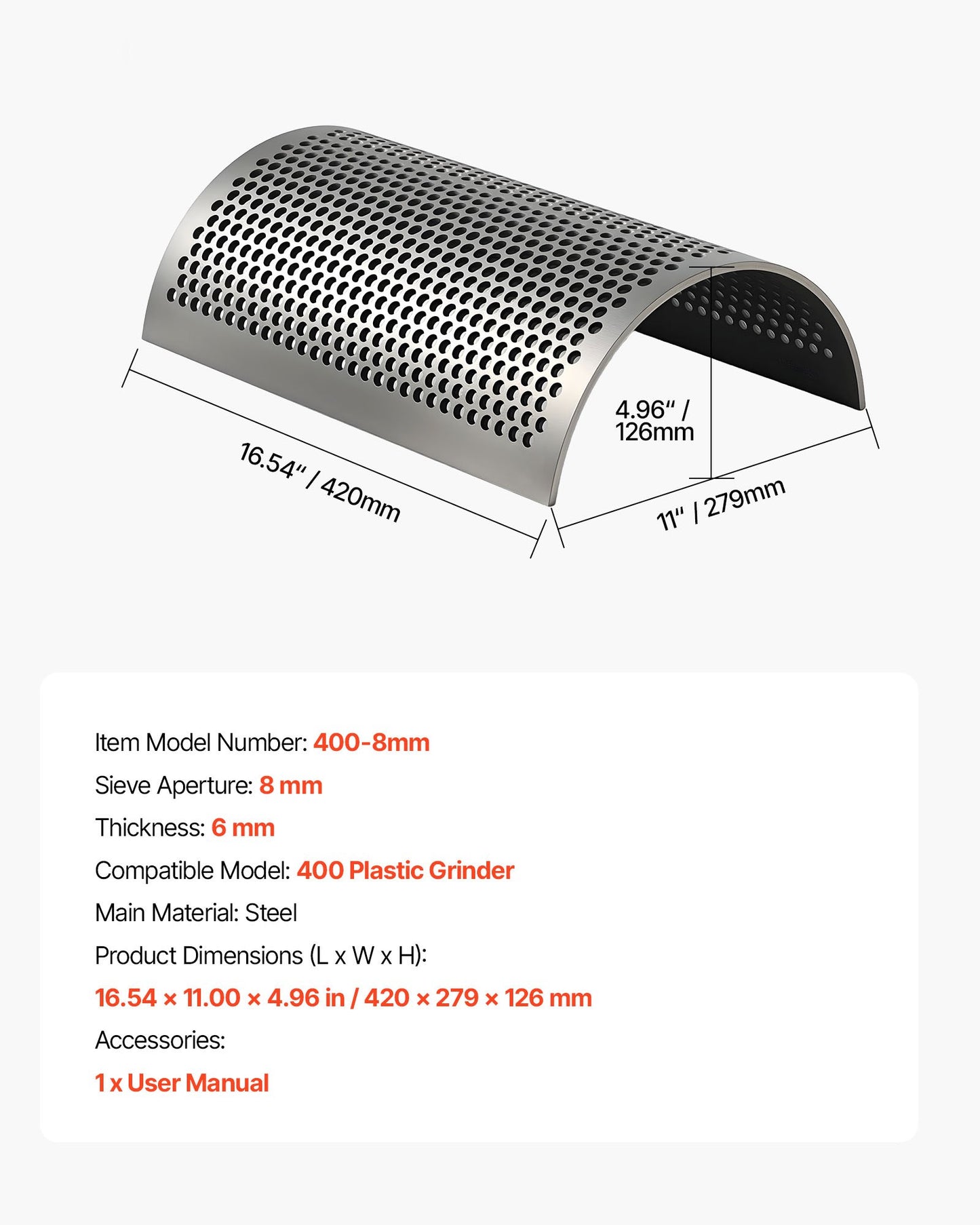 Screen Mesh for Plastic Shredder, High-Quality Steel Durable Mesh, 0.315 in/8 mm High-Precision Aperture Screen, Compatible with Model 400 Plastic Grinder, Suitable for Small Particle Recycling