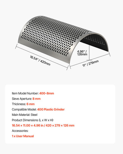 Screen Mesh for Plastic Shredder, High-Quality Steel Durable Mesh, 0.315 in/8 mm High-Precision Aperture Screen, Compatible with Model 400 Plastic Grinder, Suitable for Small Particle Recycling