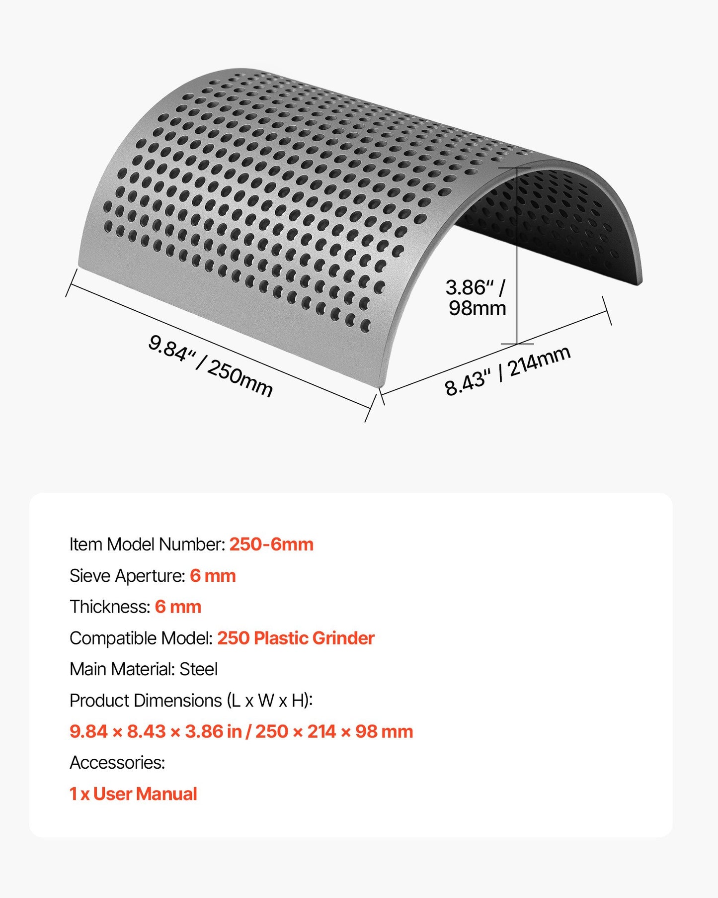 Screen Mesh for Plastic Shredder, High-Quality Steel Durable Mesh, 0.236 in/6 mm High-Precision Aperture Screen, Compatible with Model 250 Plastic Grinder, Suitable for Micro Particle Recycling