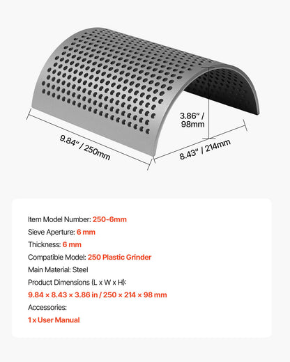 Screen Mesh for Plastic Shredder, High-Quality Steel Durable Mesh, 0.236 in/6 mm High-Precision Aperture Screen, Compatible with Model 250 Plastic Grinder, Suitable for Micro Particle Recycling