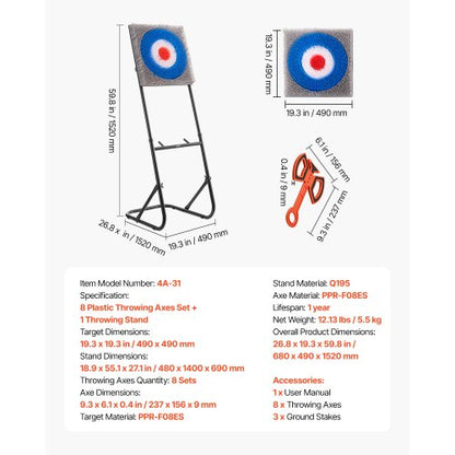 Axtwurfspiel Kunststoffbürste Zielscheibe 8 Wurfäxte Set Stahlrahmen | EU